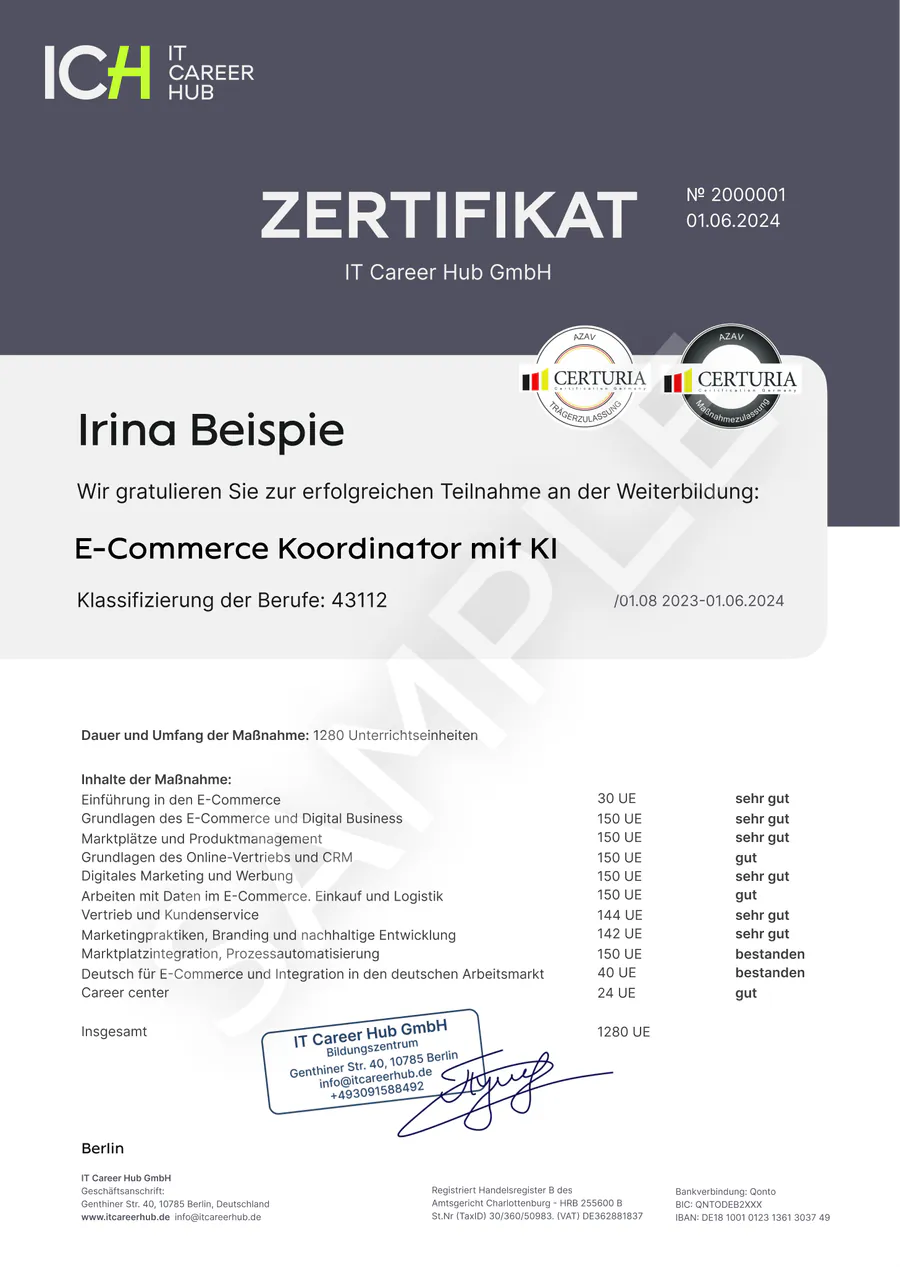 Beispiel-Zertifikat Marketplace Manager