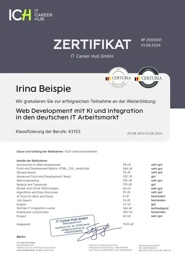Beispiel-Zertifikat Webentwickler:in